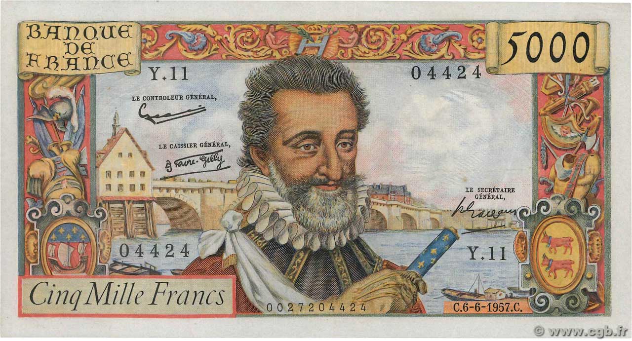 5000 Francs HENRI IV FRANCIA  1957 F.49.02 MBC+
