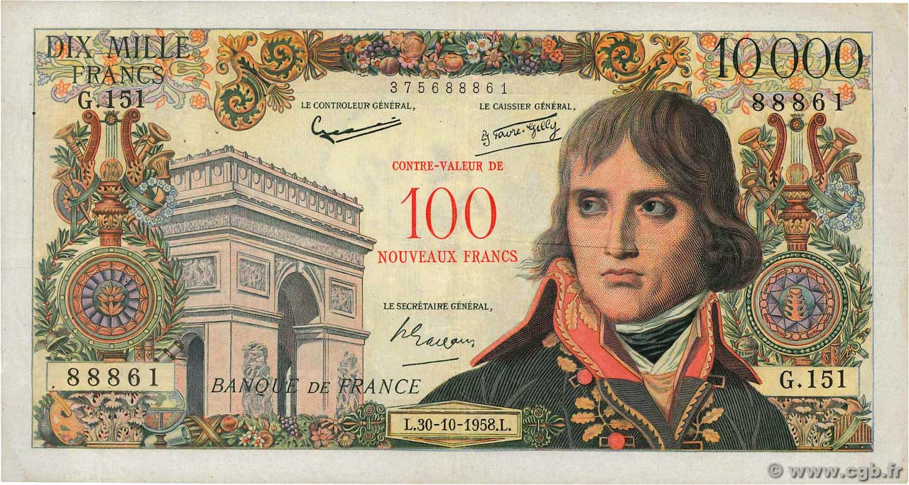 100 NF sur 10000 Francs BONAPARTE FRANCE  1958 F.55.01 VF