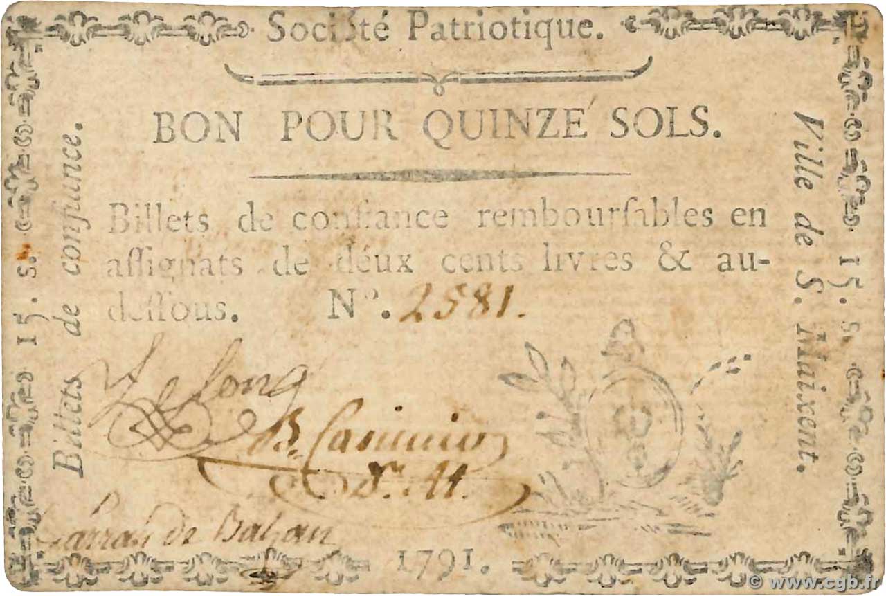 15 Sols FRANCE Regionalismus und verschiedenen Saint-Maixent 1791 Kc.79.063 fVZ