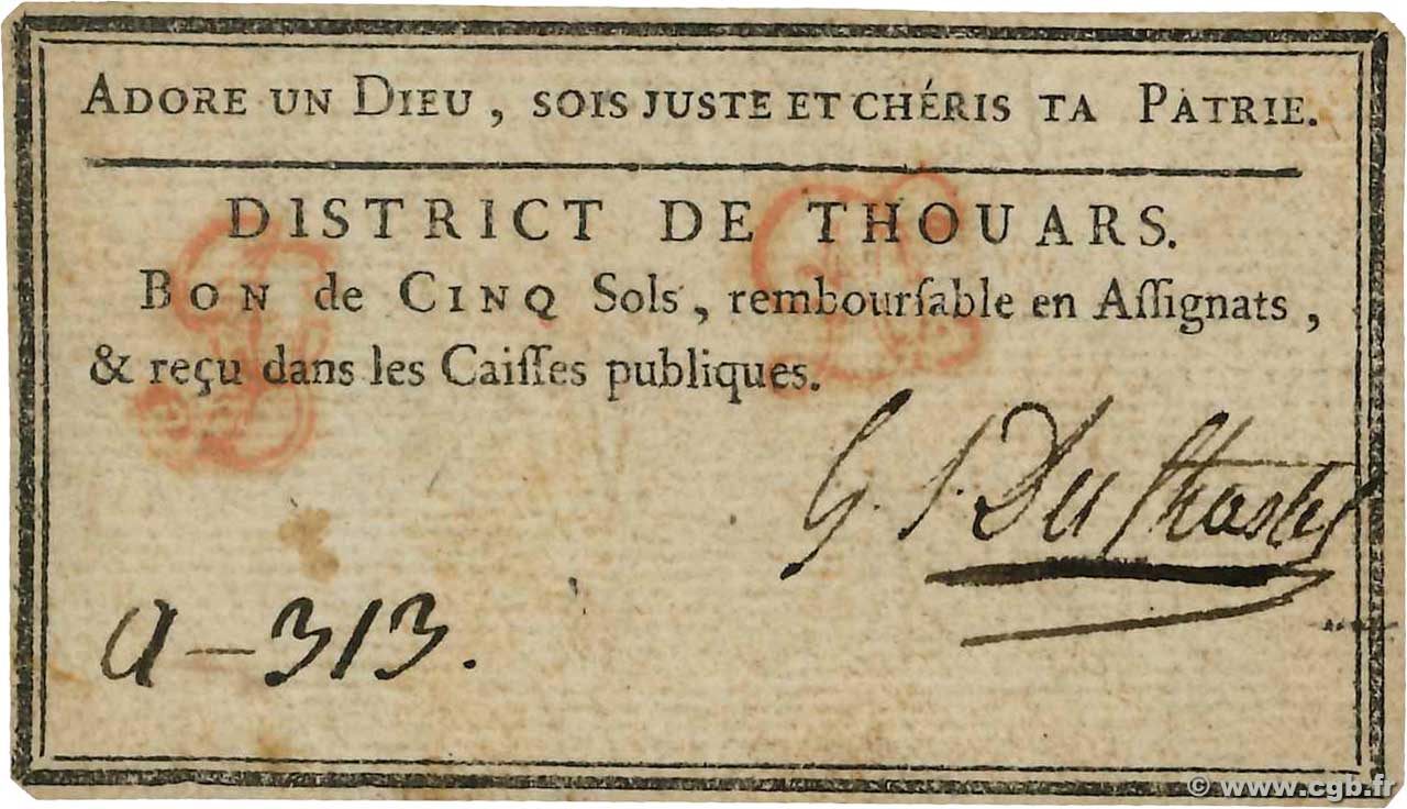 5 Sols FRANCE regionalism and miscellaneous Thouars 1792 Kc.79.074 VF