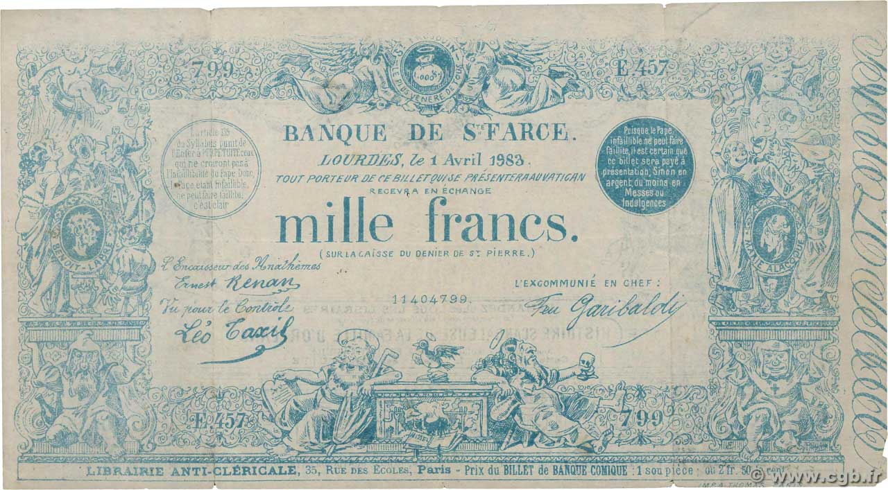 1000 Francs Sainte Farce FRANCE regionalismo y varios  1883 F.- BC+