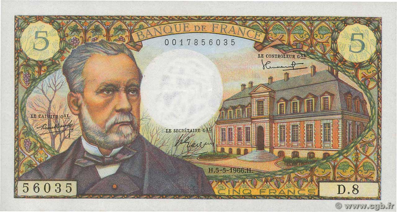 5 Francs PASTEUR FRANKREICH  1966 F.61.01 VZ