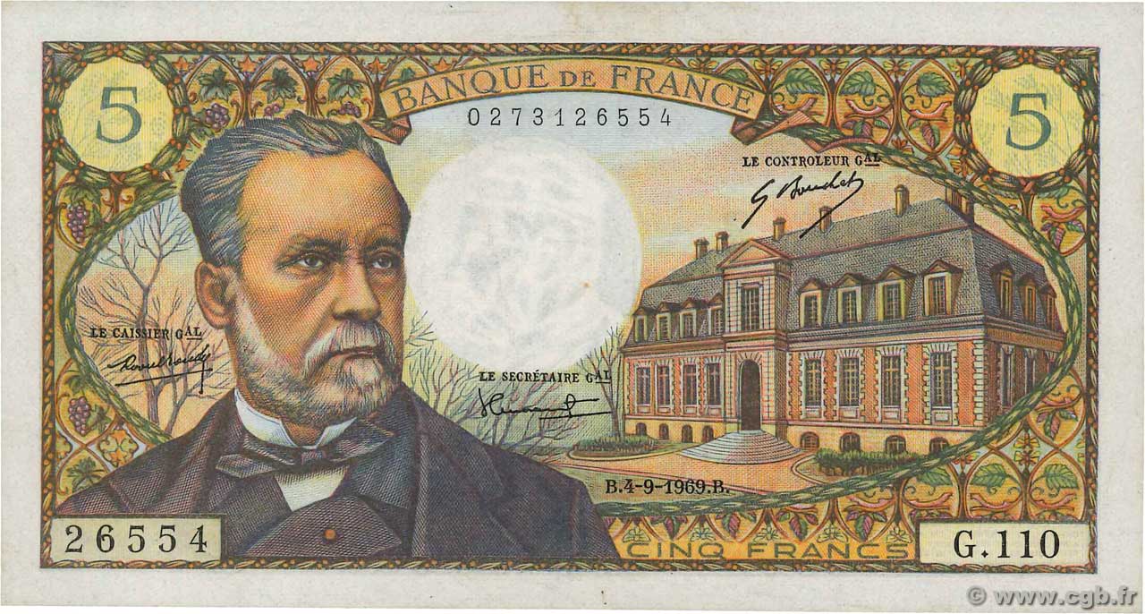 5 Francs PASTEUR FRANCIA  1969 F.61.11 EBC+
