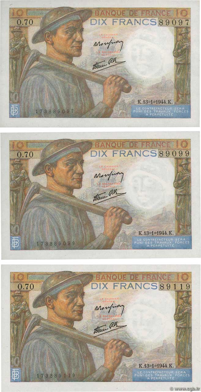 10 Francs MINEUR Lot FRANCE  1944 F.08.10 UNC-