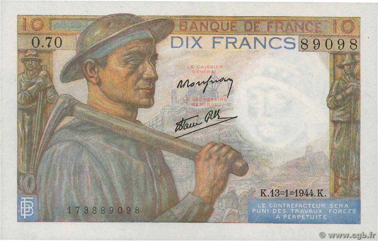 10 Francs MINEUR Numéro radar FRANKREICH  1944 F.08.10 fST+