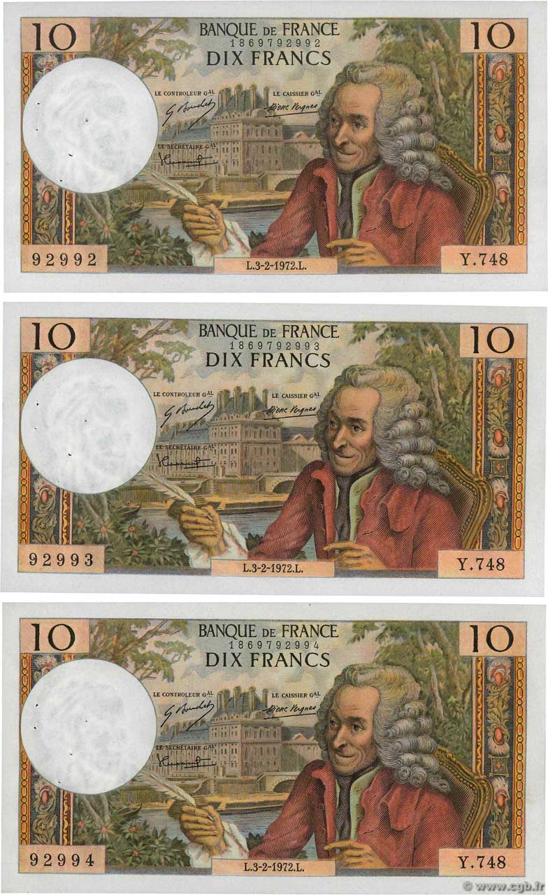 10 Francs VOLTAIRE Consécutifs FRANCIA  1972 F.62.54 EBC