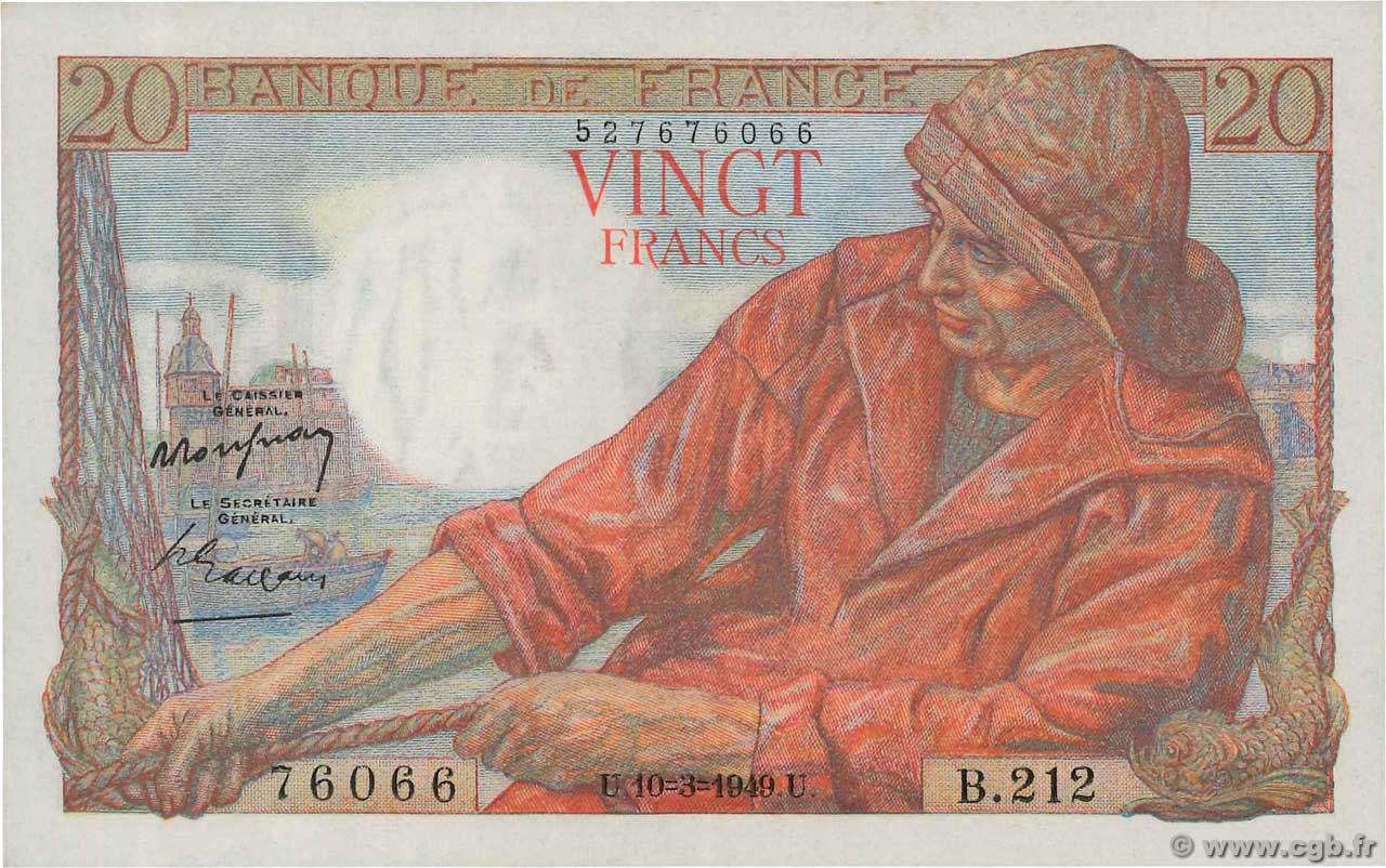 20 Francs PÊCHEUR FRANKREICH  1949 F.13.14 fST