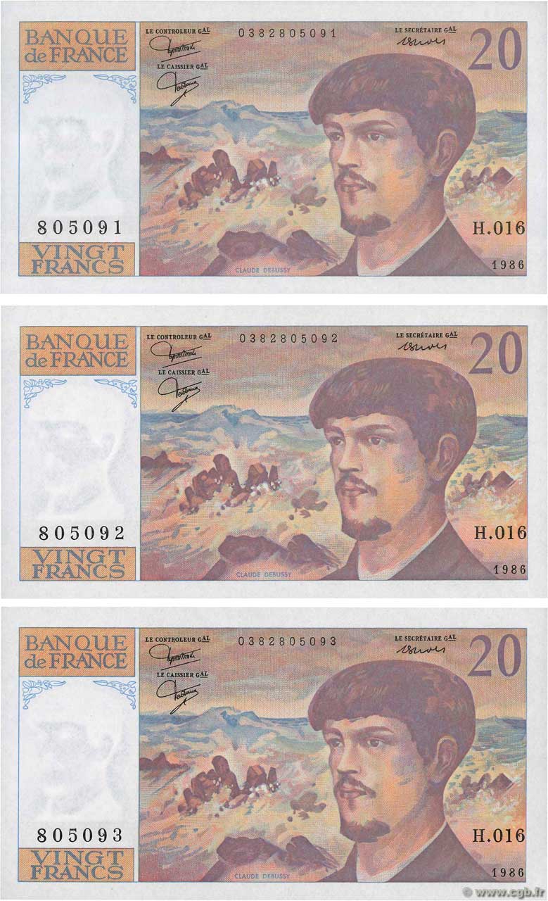 20 Francs DEBUSSY Consécutifs FRANCIA  1986 F.66.07 FDC