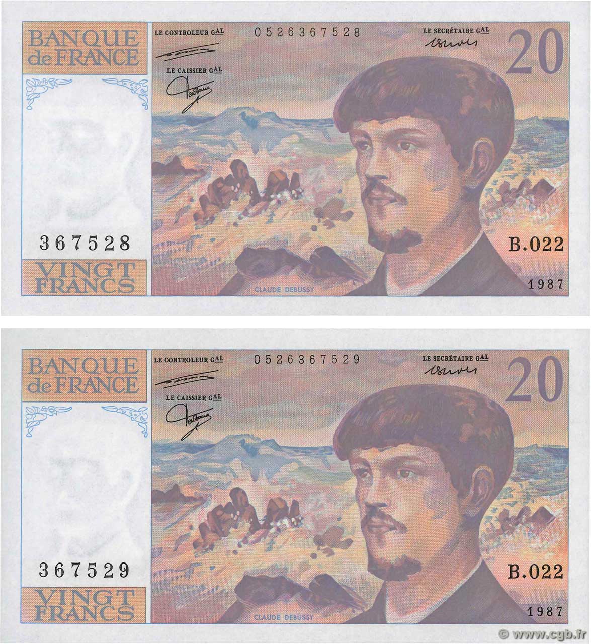 20 Francs DEBUSSY Consécutifs FRANCE  1987 F.66.08 UNC