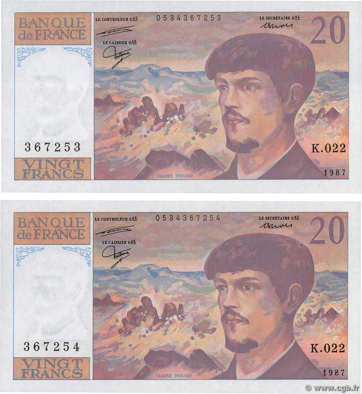 20 Francs DEBUSSY Consécutifs FRANCIA  1987 F.66.08 q.FDC