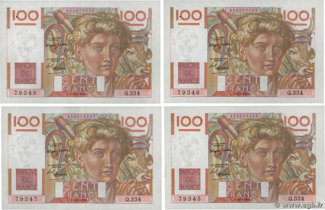 100 Francs JEUNE PAYSAN Consécutifs FRANCE  1949 F.28.24 AU-