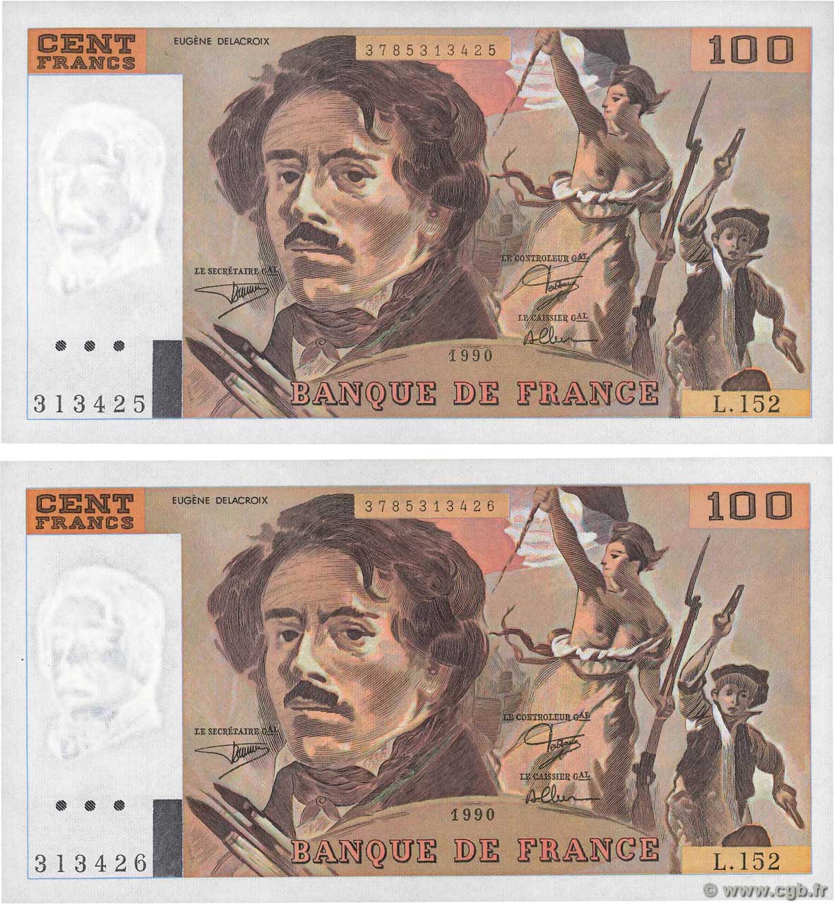 100 Francs DELACROIX imprimé en continu Consécutifs FRANCIA  1990 F.69bis.02a FDC