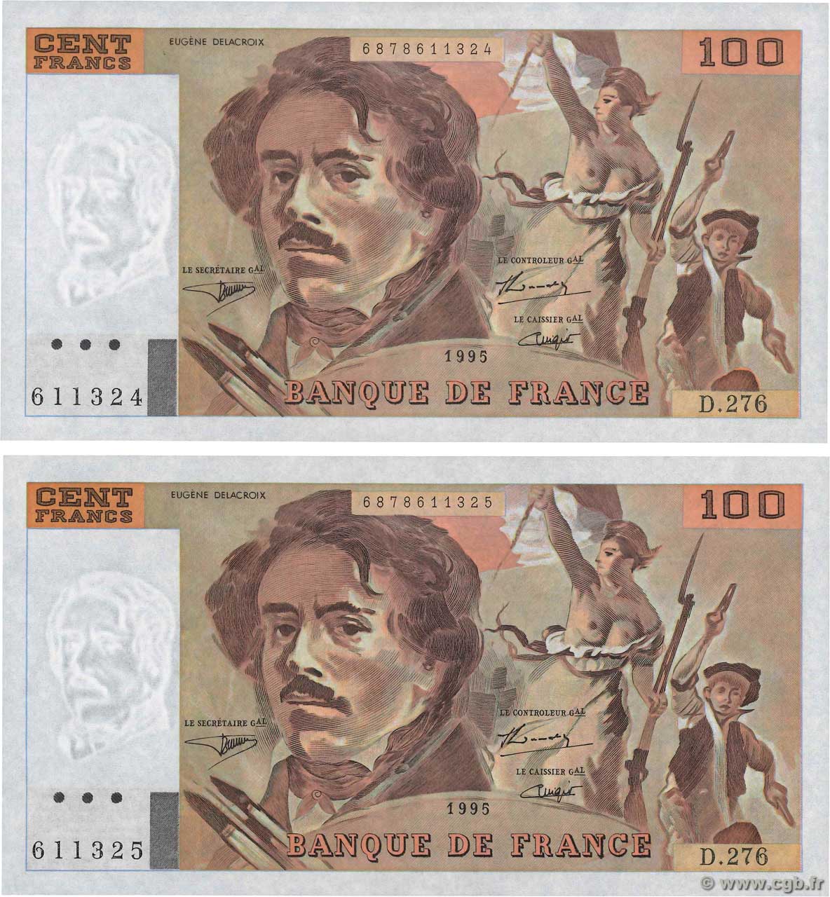 100 Francs DELACROIX 442-1 & 442-2 Consécutifs FRANKREICH  1995 F.69ter.02b ST