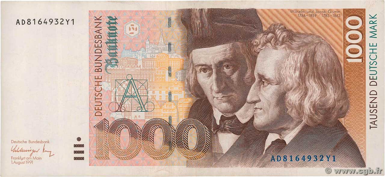 1000 Deutsche Mark German Federal Republic 1991 P 44 B94 9355 Banknotes