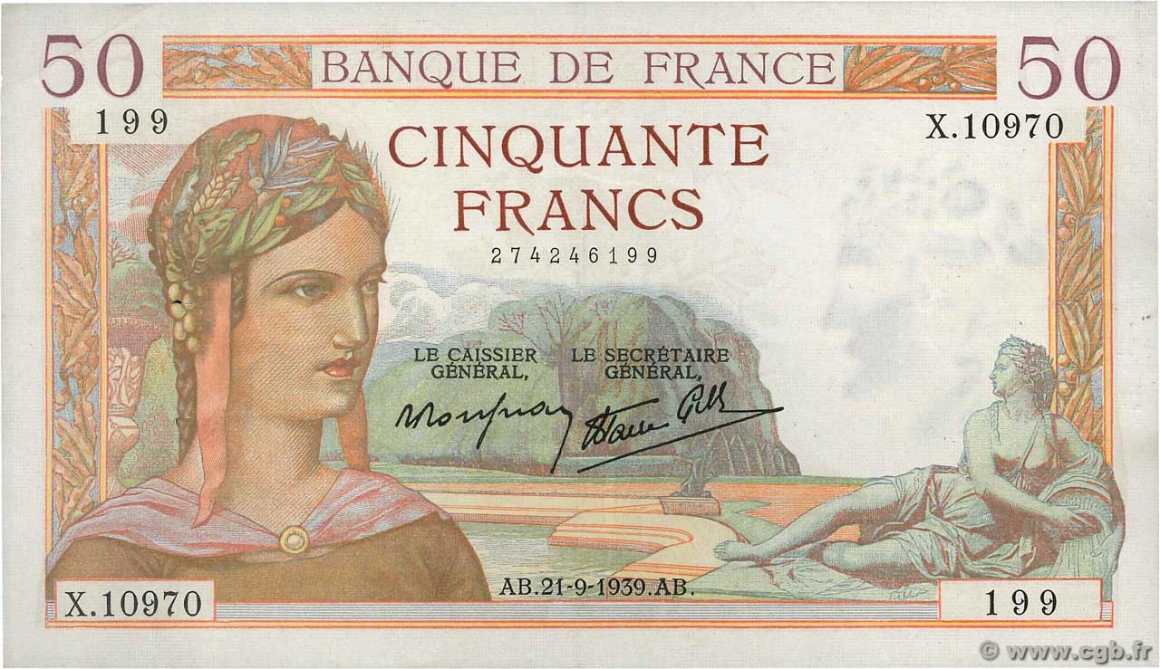 50 Francs CÉRÈS modifié FRANCE  1939 F.18.31 XF