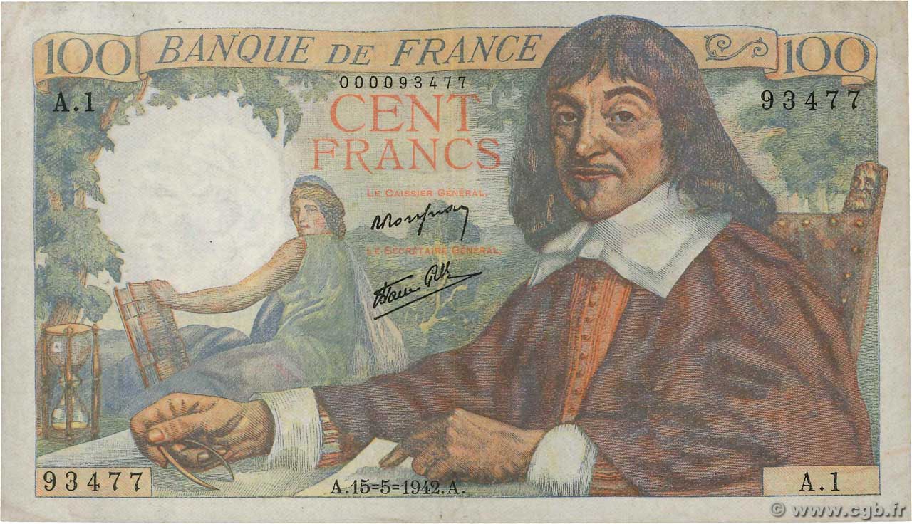 100 Francs DESCARTES FRANCE  1942 F.27.01A1 TB+