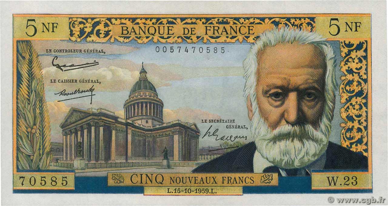 5 Nouveaux Francs VICTOR HUGO FRANCIA  1959 F.56.03 EBC+
