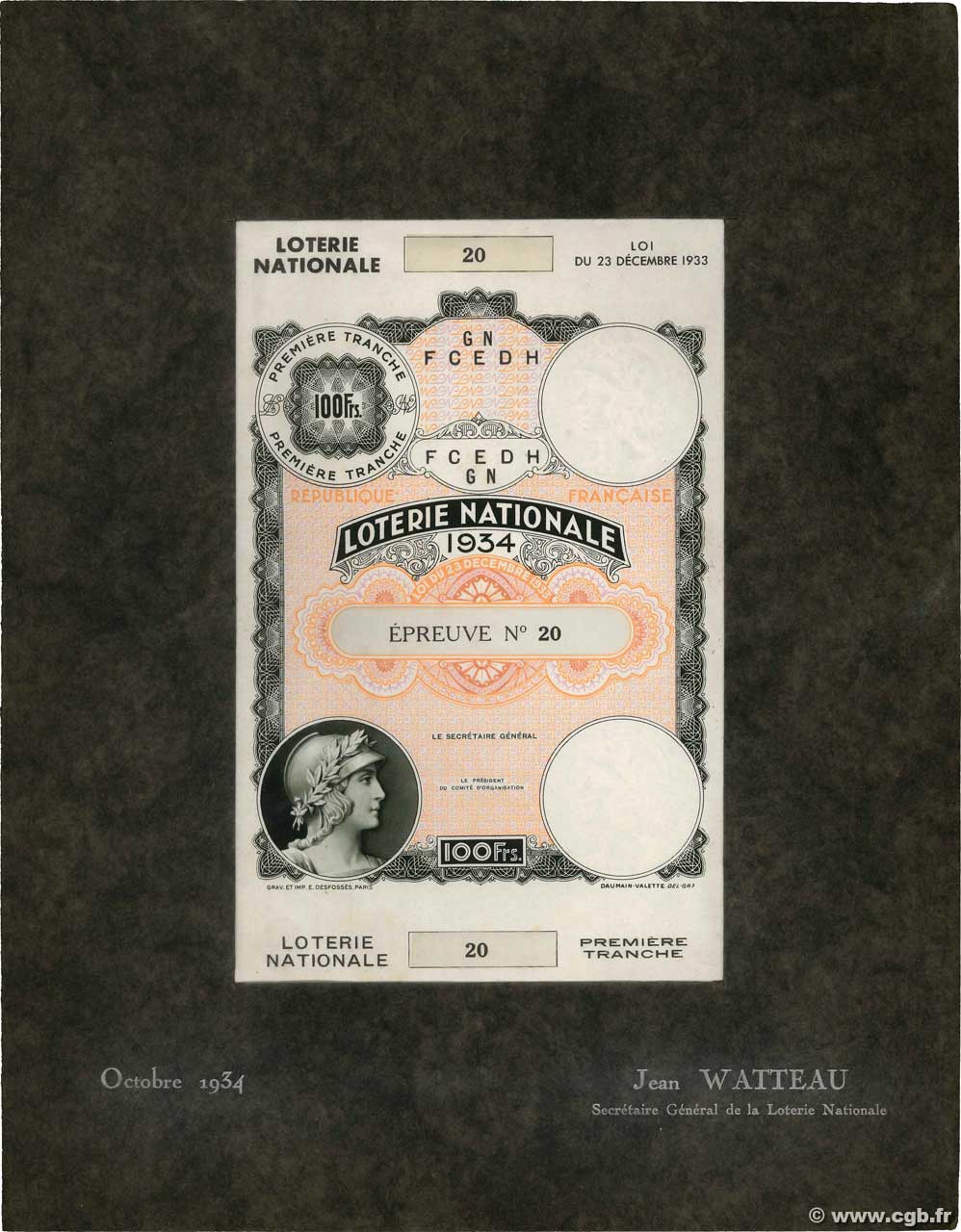 100 Francs Loterie Épreuve FRANCE régionalisme et divers  1934  NEUF