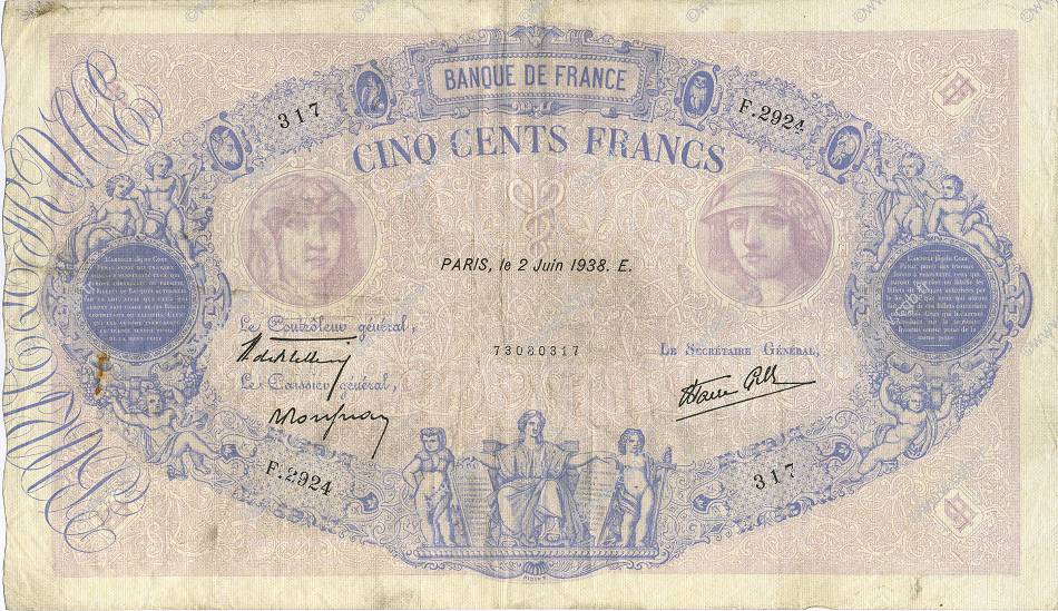 500 Francs BLEU ET ROSE modifié FRANCE  1938 F.31.13 F - VF