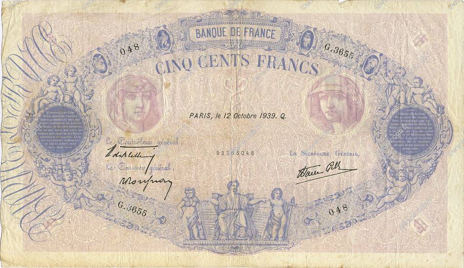 500 Francs BLEU ET ROSE modifié FRANCE  1939 F.31.43 VF