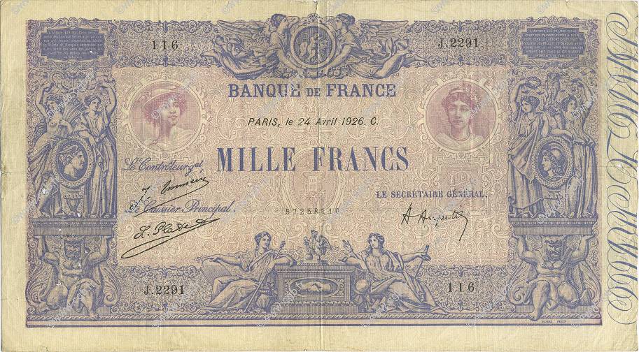 1000 Francs BLEU ET ROSE FRANCE  1926 F.36.42 TB+