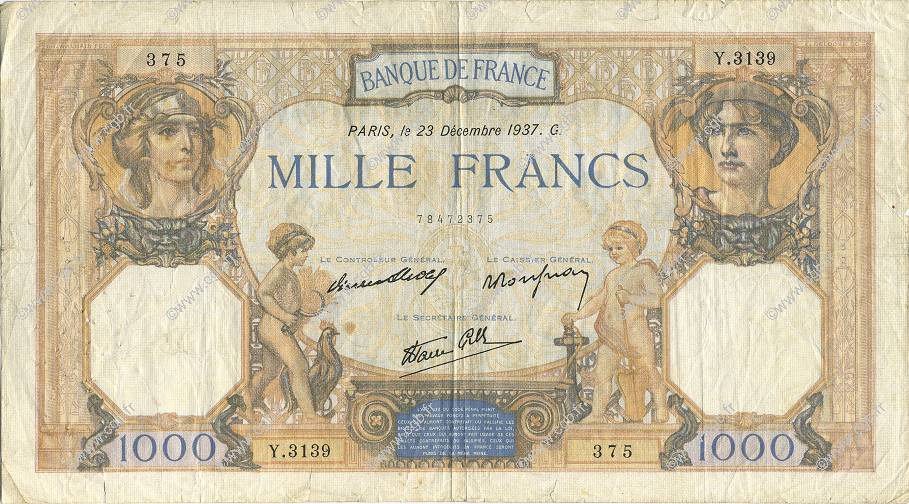 1000 Francs CÉRÈS ET MERCURE type modifié FRANCIA  1937 F.38.08 BC
