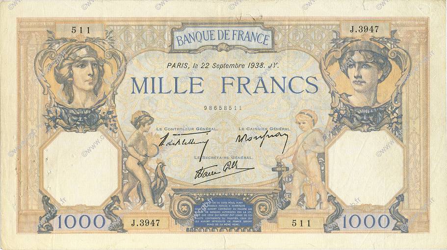 1000 Francs CÉRÈS ET MERCURE type modifié FRANCE  1938 F.38.27 VF+