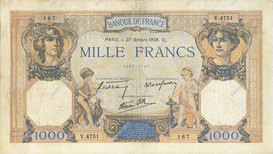 1000 Francs CÉRÈS ET MERCURE type modifié FRANKREICH  1938 F.38.31 SS