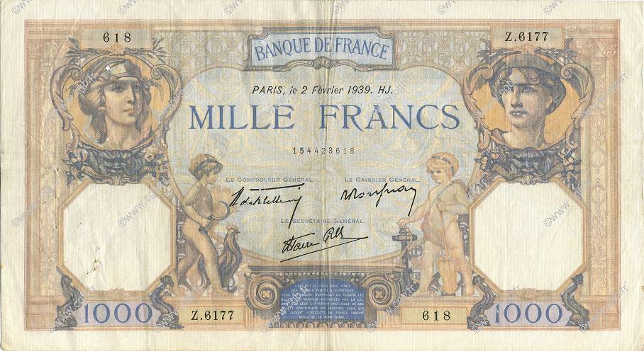 1000 Francs CÉRÈS ET MERCURE type modifié FRANCIA  1939 F.38.34 MBC