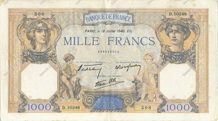 1000 Francs CÉRÈS ET MERCURE type modifié FRANCE  1940 F.38.50 VF