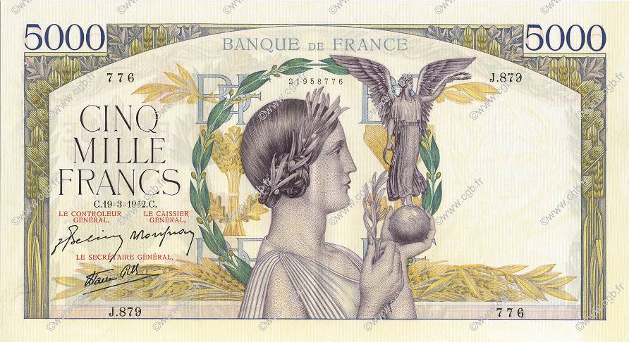 5000 Francs VICTOIRE Impression à plat FRANCE  1942 F.46.35 XF+