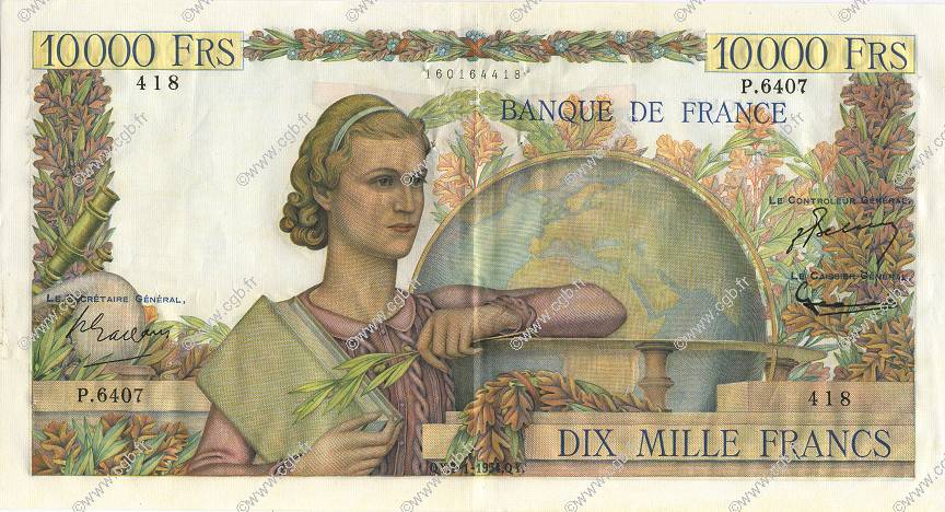 10000 Francs GÉNIE FRANÇAIS FRANKREICH  1954 F.50.69 VZ