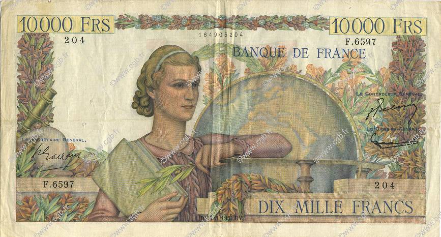 10000 Francs GÉNIE FRANÇAIS FRANCE  1954 F.50.70 VF-