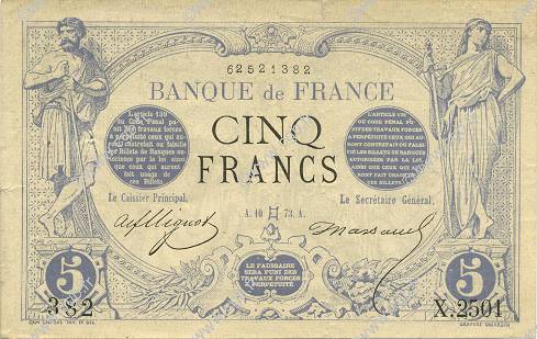 5 Francs NOIR FRANCE  1873 F.01.18 XF