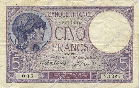 5 Francs FEMME CASQUÉE FRANKREICH  1918 F.03.02 SS