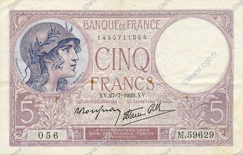 5 Francs FEMME CASQUÉE modifié FRANCIA  1939 F.04.03 MBC+