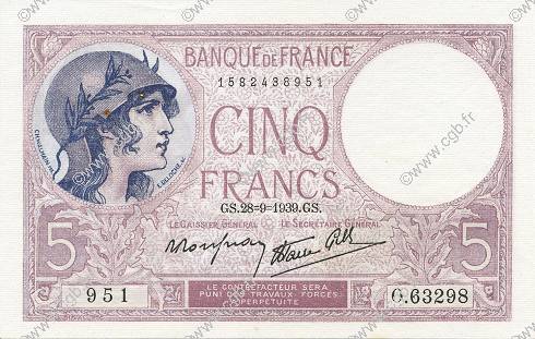 5 Francs FEMME CASQUÉE modifié FRANCE  1939 F.04.10 AU-