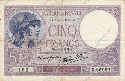 5 Francs FEMME CASQUÉE modifié FRANCE  1939 F.04.14 XF-