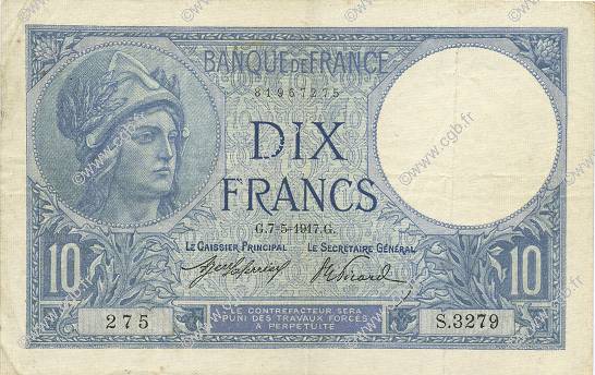 10 Francs MINERVE FRANCE  1917 F.06.02 VF