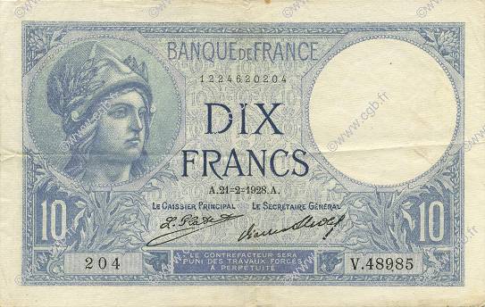 10 Francs MINERVE FRANCE  1928 F.06.13 TTB+