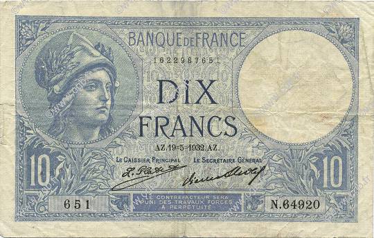 10 Francs MINERVE FRANCIA  1932 F.06.16 BC
