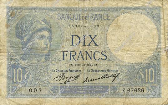 10 Francs MINERVE FRANCIA  1936 F.06.17 MB