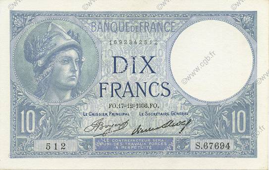 10 Francs MINERVE FRANCE  1936 F.06.17 UNC-