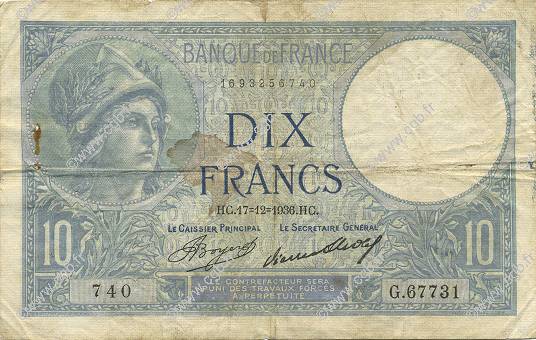 10 Francs MINERVE FRANCE  1936 F.06.17 F-