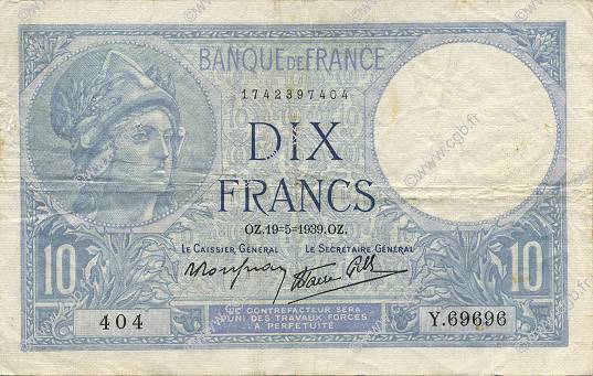 10 Francs MINERVE modifié Numéro radar FRANCIA  1939 F.07.03 BB