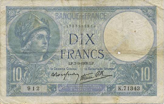 10 Francs MINERVE modifié FRANCE  1939 F.07.06 F