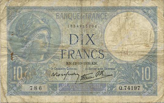 10 Francs MINERVE modifié FRANKREICH  1939 F.07.11 SGE