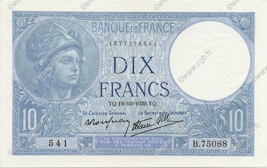 10 Francs MINERVE modifié FRANCE  1939 F.07.12 UNC-
