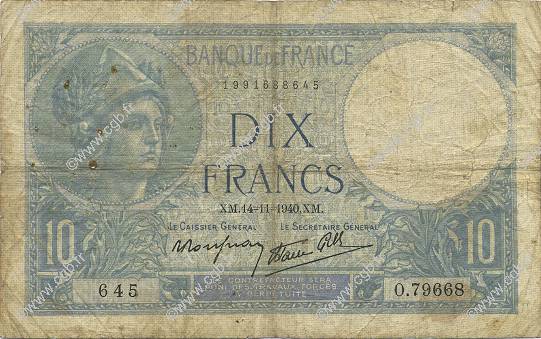 10 Francs MINERVE modifié FRANKREICH  1940 F.07.20 SGE