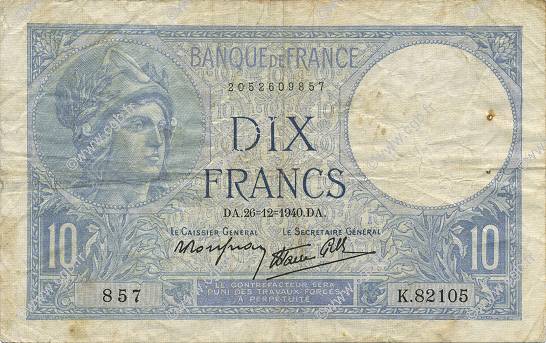 10 Francs MINERVE modifié FRANCE  1940 F.07.25 TB